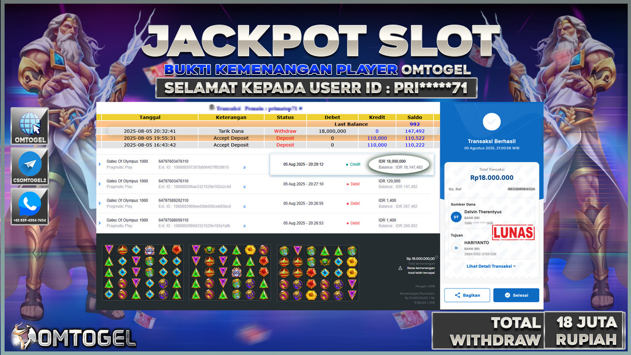 OMTOGEL JACKPOT PRAGMATIC PLAY GATES OF OLYMPUS 1000 18 JUTA DI BAYAR LUNAS ,-