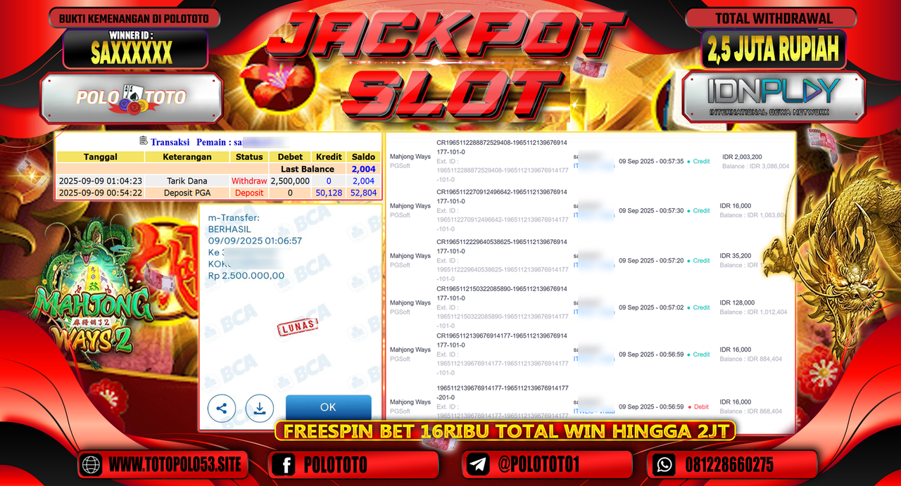 POLOTOTO JACKPOT SLOT MAHJONG WAYS Rp.2.500.000,