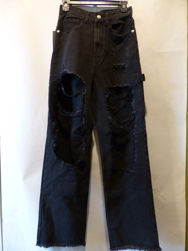 NASTY GAL OIZPA1221 DISTRESSED ASSURED WIDE LEG JEANS IN WASHED BLACK SIZE 6
