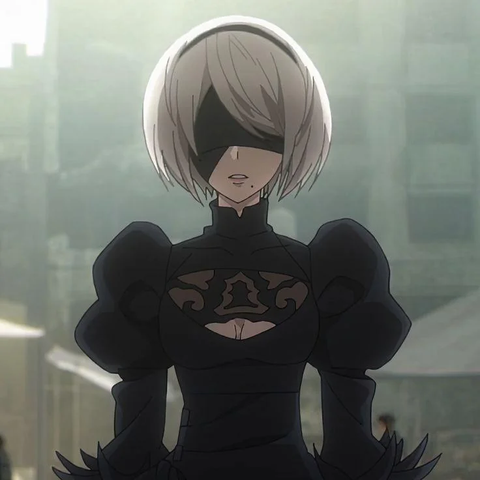 2B with her blindvisor in the anime