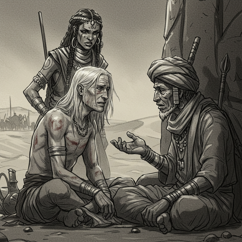 Darvus y Rith'kai congeniando mientras son vigilados de cerca por una guerrera de la aldea.