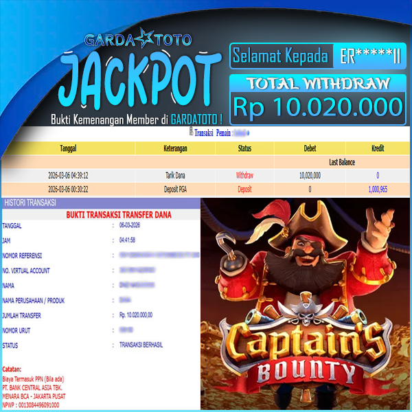 JACKPOT DI PERMAINAN SLOT PG SOFT CAPTAIN BOUNTY WD Rp10.020.000,- DIBAYAR LUNAS GARDATOTO MANTAP!