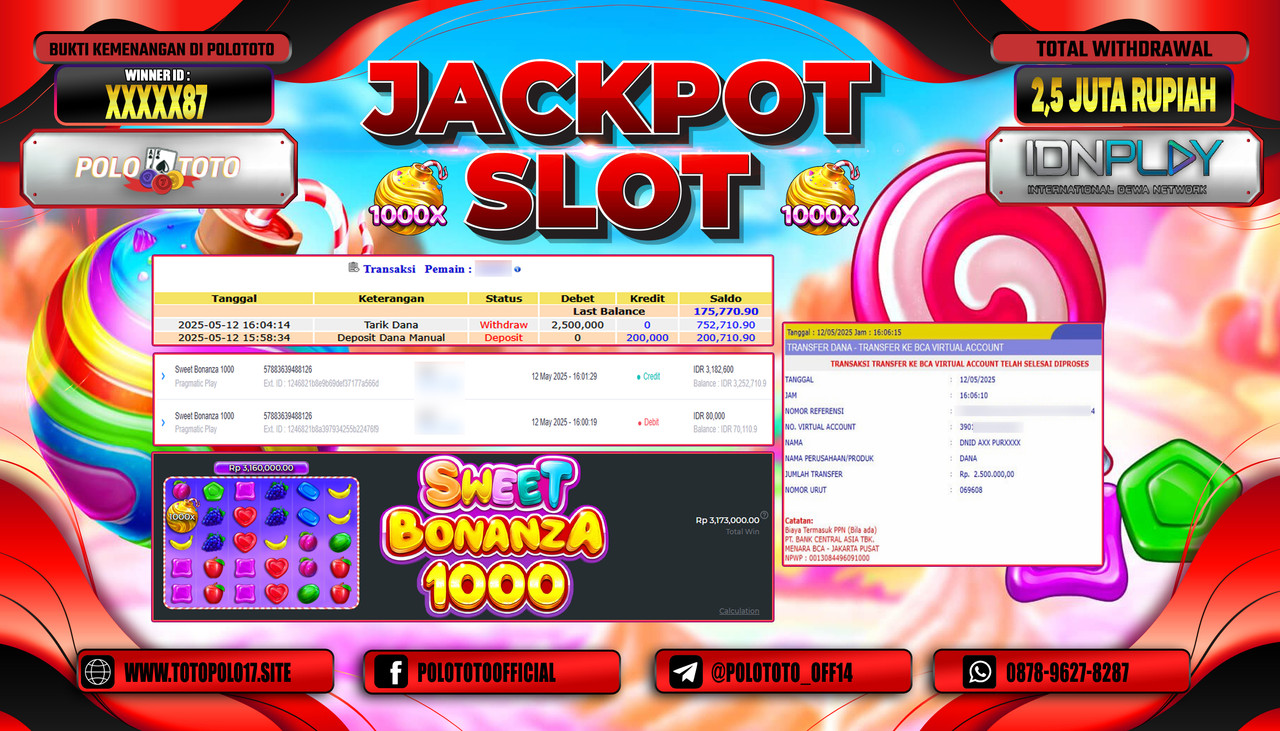 POLOTOTO JACKPOT SLOT SWEET BONANZA 1000 Rp.2.500.000,-