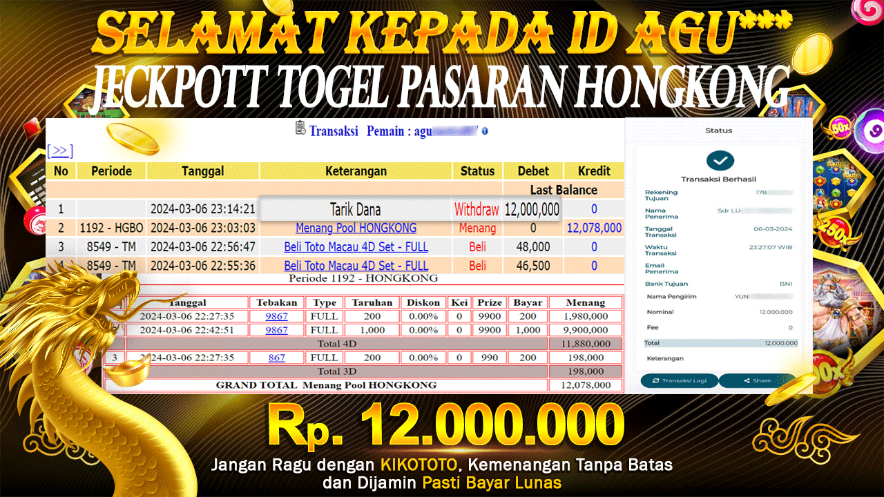 JECKPOTT !!! MENANG BELASAN JUTA DI TOGEL PASARAN HONGKONG SEBESAR Rp 12,000,000 LANGSUNG DI BAYAR KIKOTOTO !!!!
