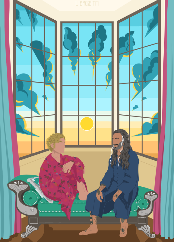 A painting of Ed and Stede sitting in the depression robe and the blue robe on a teal feinting couch. The feinting couch is decorated with whales that are reminiscent of Stede's whale paper weight. They're in front of a large bay window. Outside, the sun is rising, surrounded by lots of blue clouds which all seem to be pointing to Ed and Stede. The whole piece is framed with blue and pink curtains.