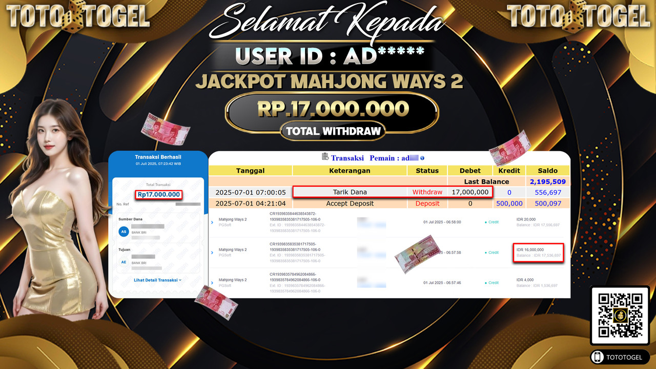 Bukti Pembayaran Jackpot Permainan Slot Mahjong Ways 2 ID:AD***** LUNAS