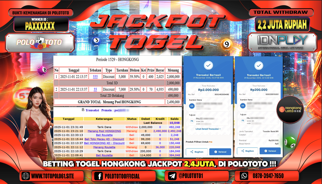 POLOTOTO JACKPOT TOGEL MENANG HONGKONG LOTTO Rp.2.200.000,- LUNAS
