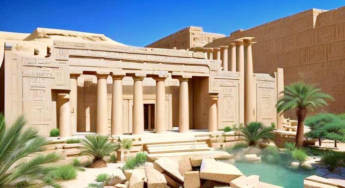 The Temple of Fate - an Egyptian temple, in brand-new condition, with a large pool of water in front surrounded by palm trees.