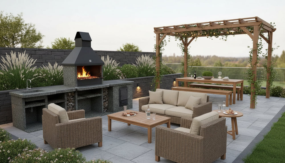 Удобная уличная кухня: рабочая поверхность, ниши и подсветка