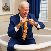 Joe Biden eating spaghetti in a bathtub