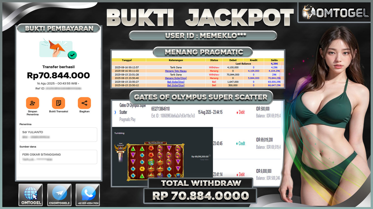 OMTOGEL JACKPOT PRAGMATIC PLAY GATES OF OLYMPUS SUPER SCATTER 70 JUTA DI BAYAR LUNAS ,-