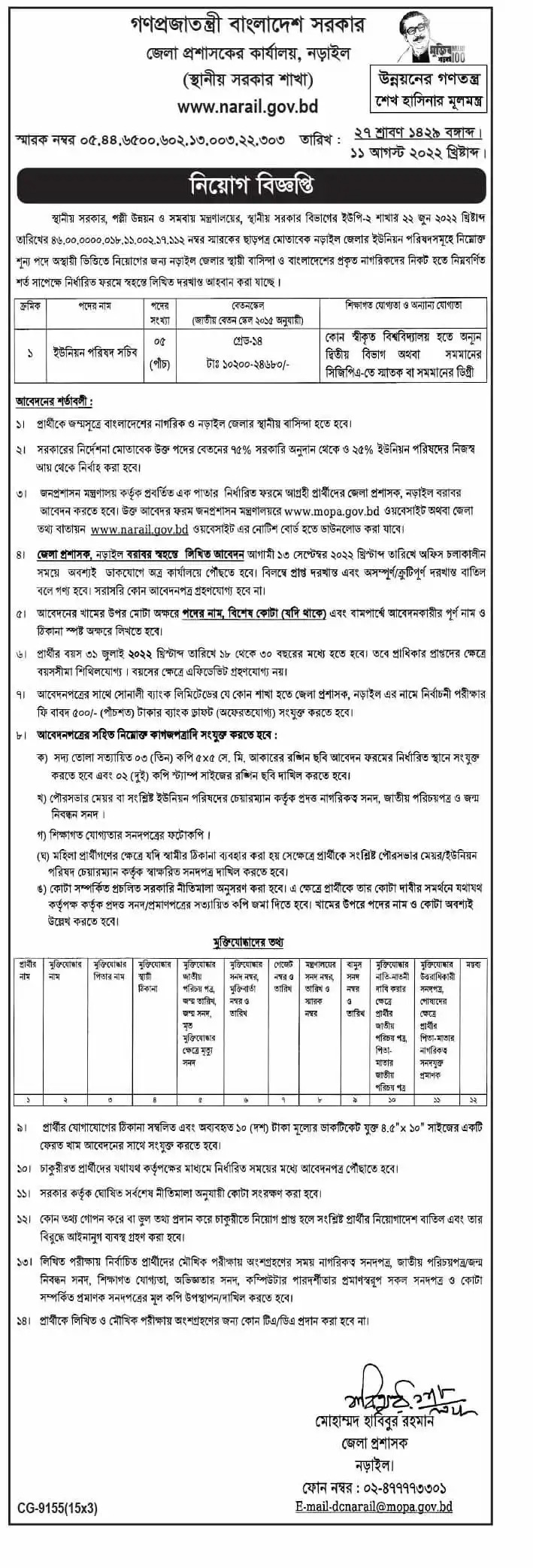 Feni Dc Office Job Circular 2022