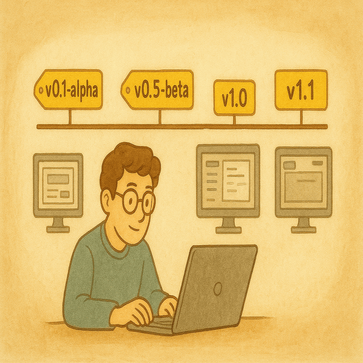 Uso de etiquetas en Git Programador trabajando frente a pantallas con etiquetas de versiones de software como v1.0 y v1.1