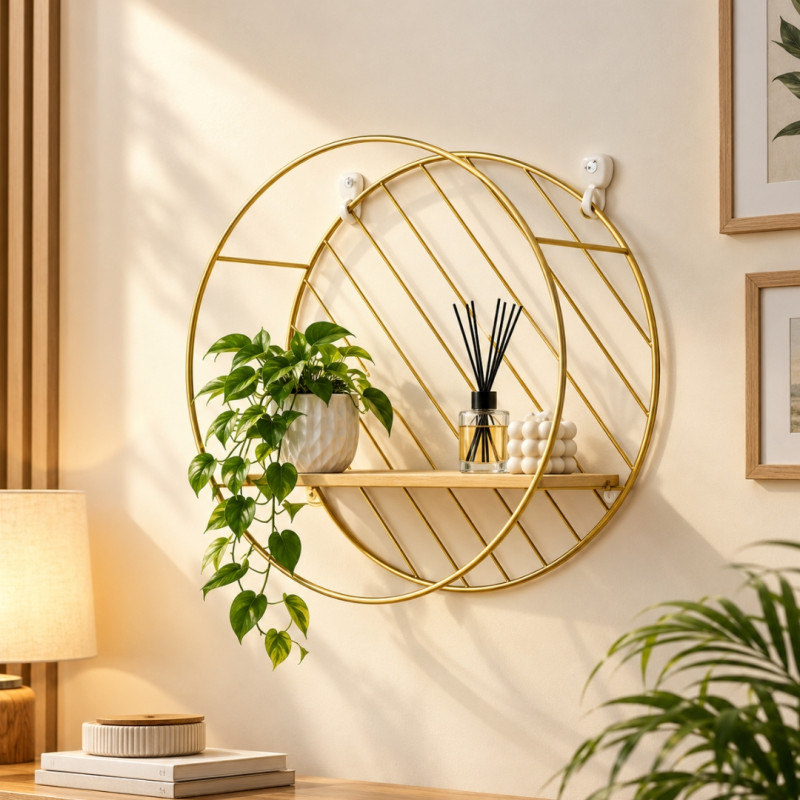 Gold Round Metal Wall Shelf with Wooden Ledge