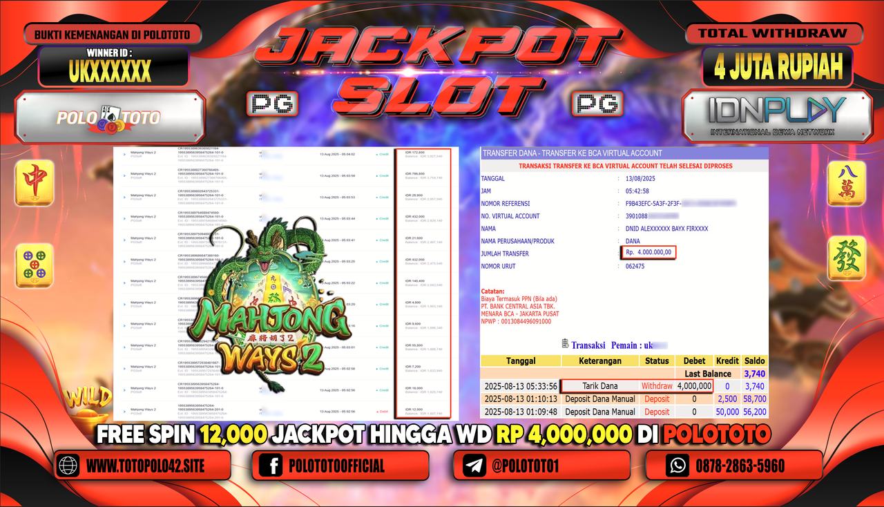 POLOTOTO JACKPOT SLOT MAHJONG WAYS 2 Rp.4.000.000,-LUNAS