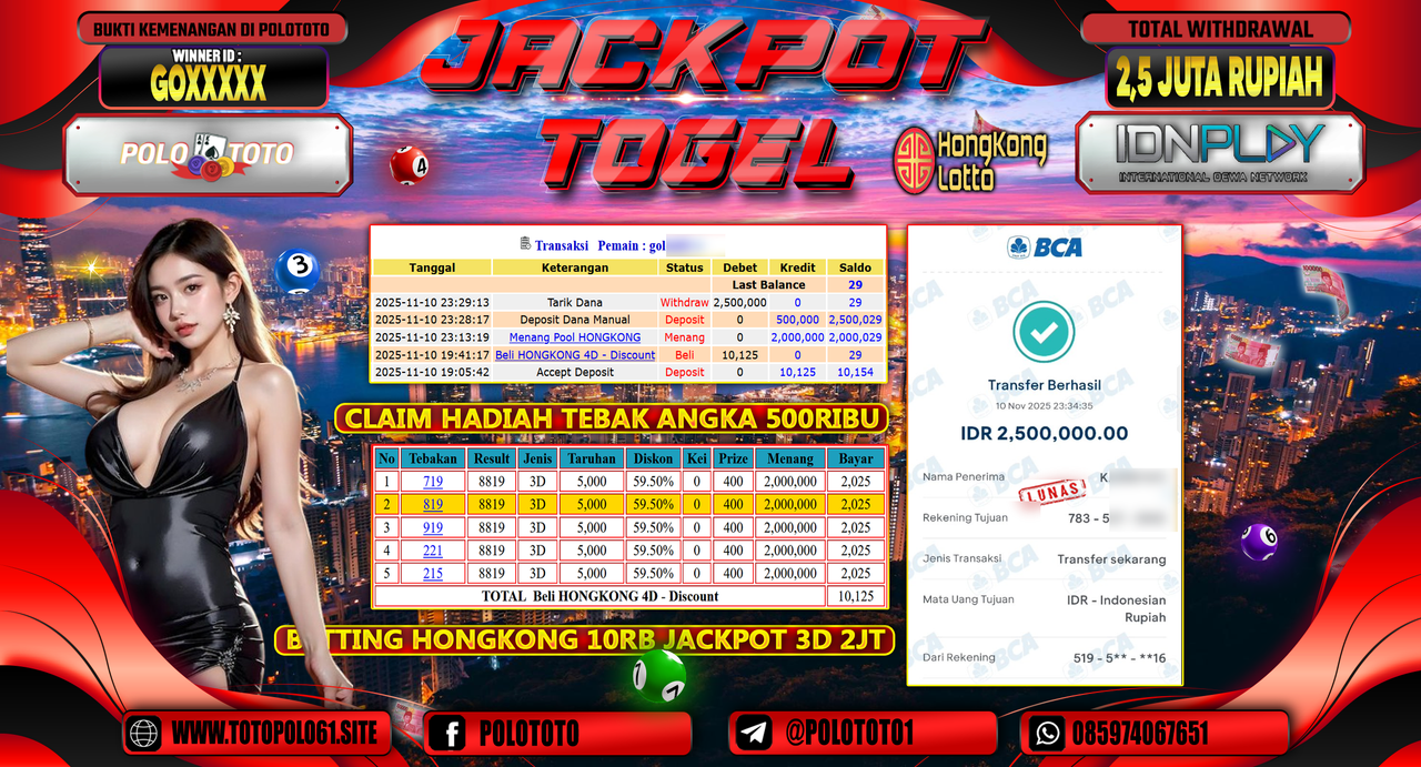 POLOTOTO JACKPOT TOGEL MENANG HONGKONG LOTTO Rp.2.500.000,- LUNAS