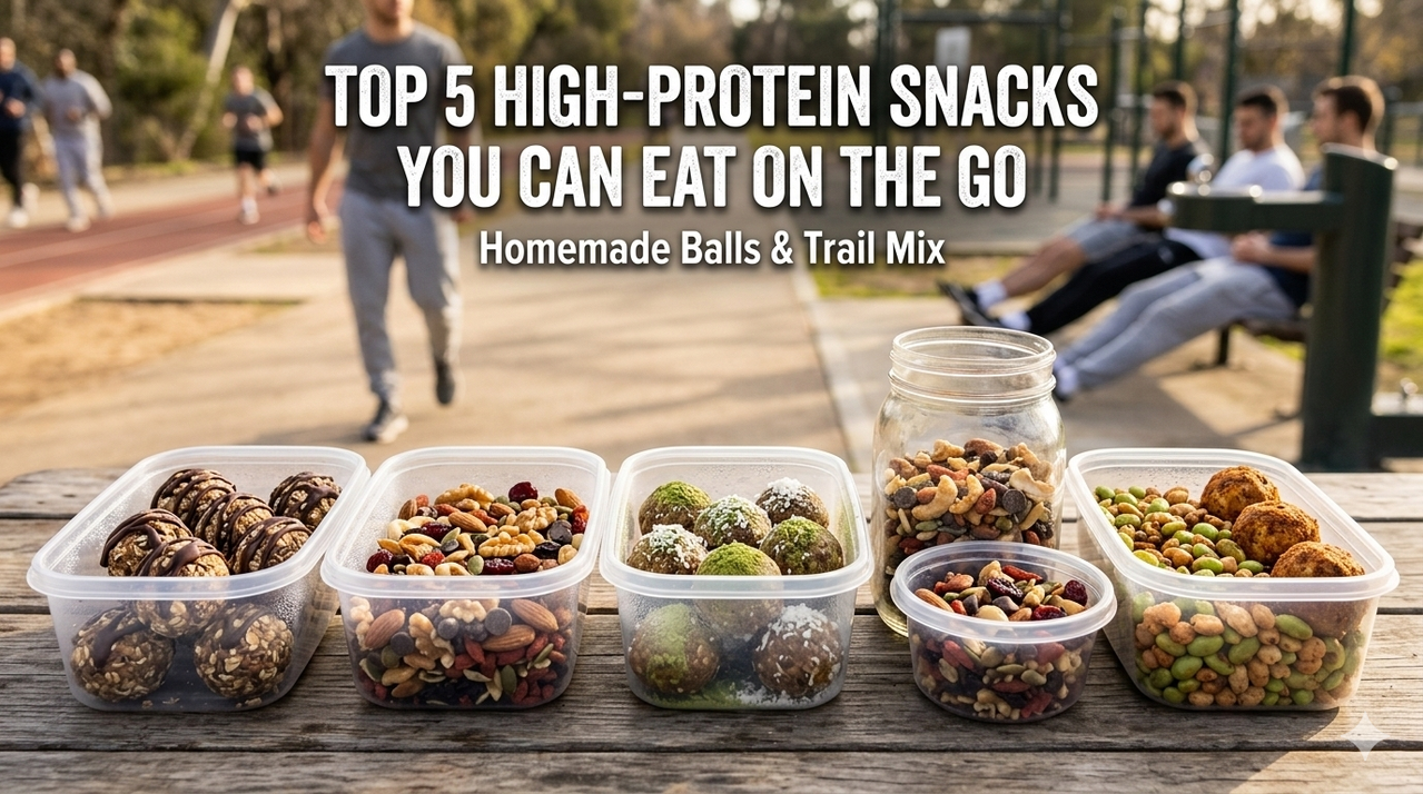 Homemade protein balls and trail mix in containers for top 5 high-protein snacks you can eat on the go