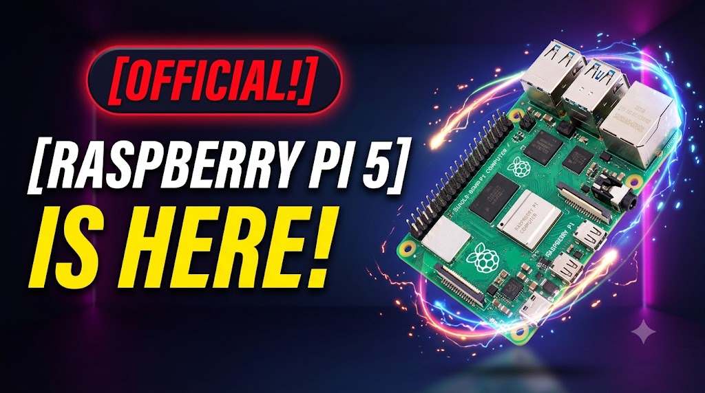 AI-generated example result for the youtube-thumbnail prompt: Raspberry Pi 5 Is Here Thumbnail – Official Product Review Design AI YouTube Thumbnail Prompt