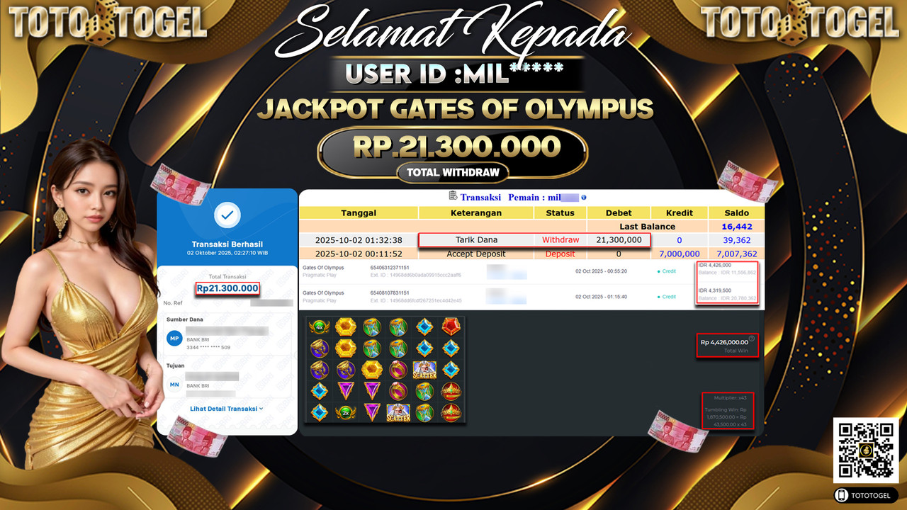 Bukti Pembayaran Jackpot Permainan Slot Gates Of Olympus ID:MIL*** LUNAS