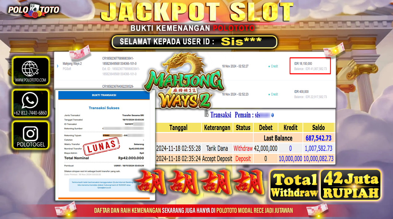 POLOTOTO JACKPOT SLOT MAHJONG WAYS 2 Rp.42.000.000,- 