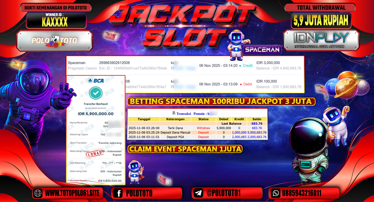 POLOTOTO JACKPOT SLOT SPACEMAN Rp.5.900.000,- LUNAS