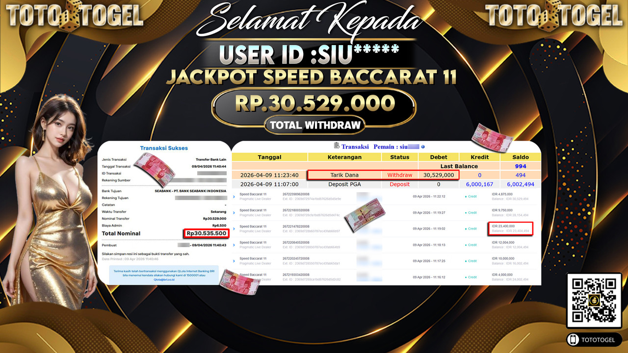Bukti Pembayaran Jackpot Permainan Pragmatic Live Speed Baccarat 11 ID:SIU*****LUNAS