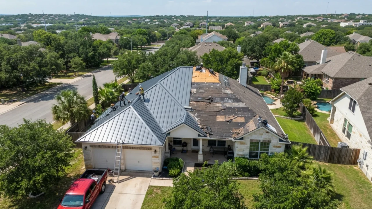 Metal roofing panels being installed over a San Antonio home showing the installation process and panel quality