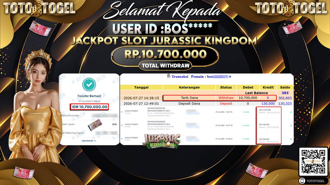 Bukti Pembayaran Jackpot SLOT JURASSIC KINGDOM ID:BOS****LUNAS