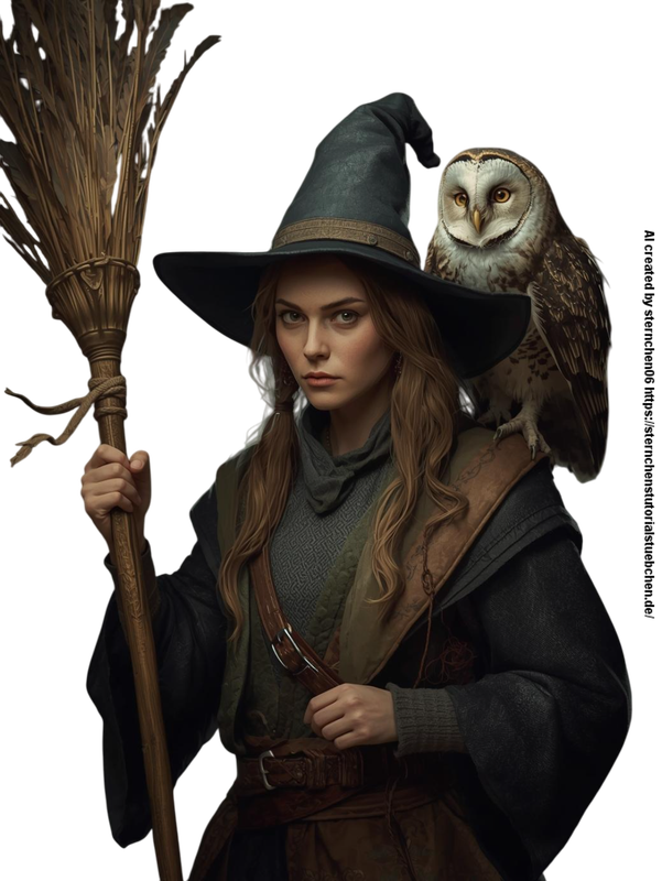 a  witch with her witch broom and her owl on her shoulder (3)-Photoroom