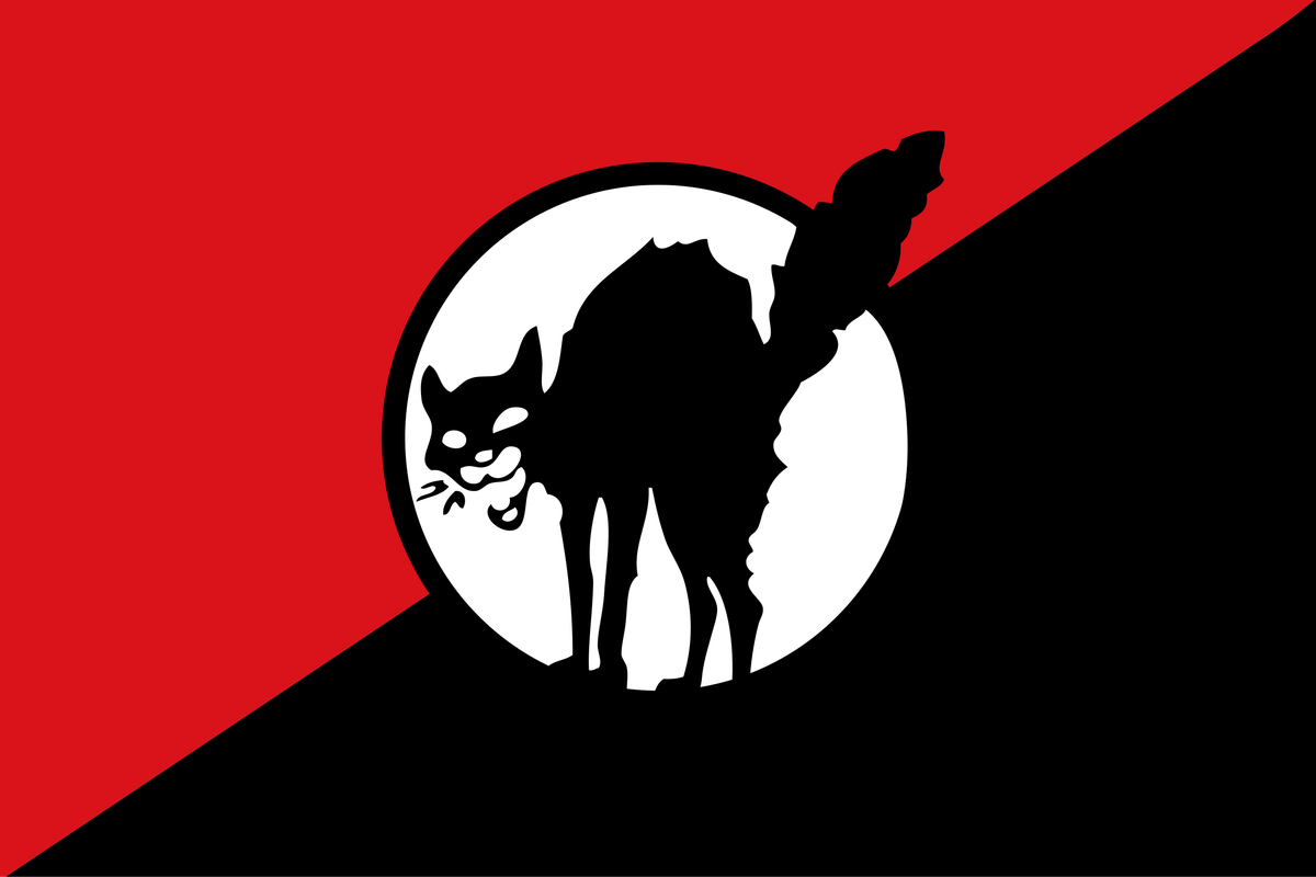 Black and red Anarchist flag with union cat in the center