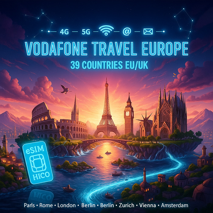 Bản đồ phủ sóng eSIM Vodafone Travel 39 quốc gia Châu Âu