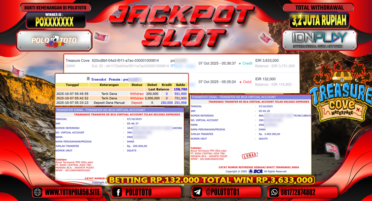 POLOTOTO JACKPOT SLOT TREASURE COVE Rp.3.200.000,- LUNAS