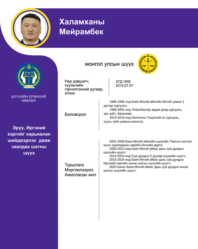 Эрүү, иргэний хэргийг харьяалан шийдвэрлэх давж заалдах шатны шүүхийн шүүгчид нэр дэвшигч Х.Мейрамбекийн мэргэжлийн үйл ажиллагааны танилцуулга