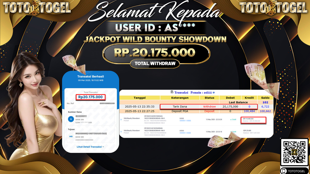 Bukti Pembayaran Jackpot  Permainan Slot Wild Bounty Showdown ID:AS***** LUNAS