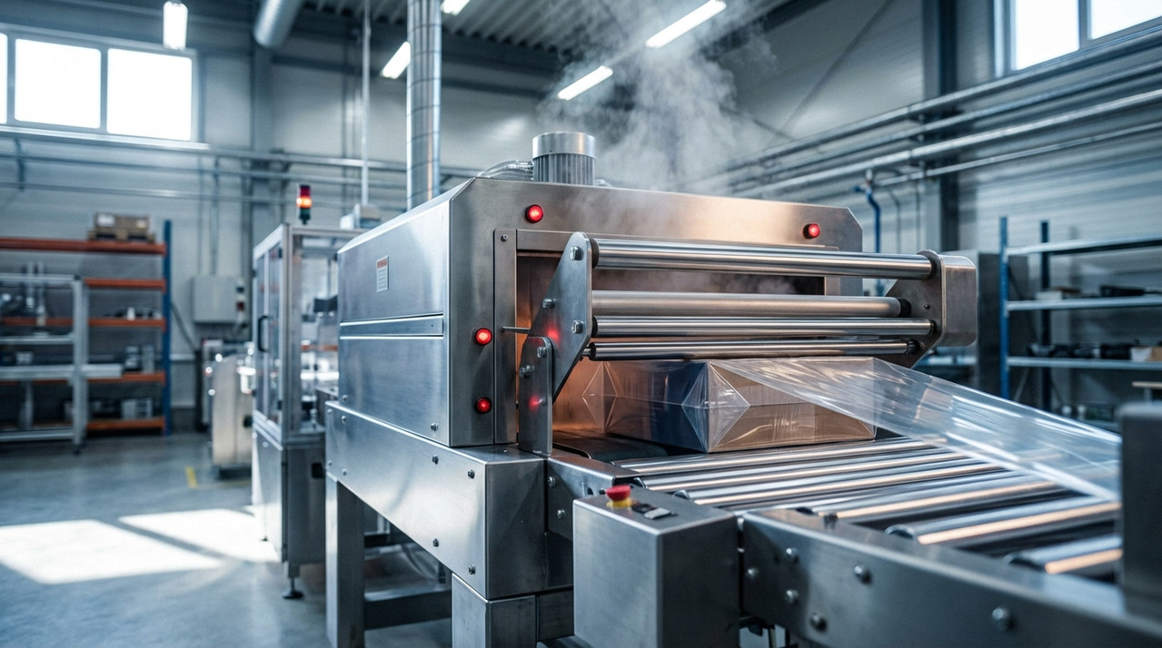 Термоусадочная упаковочная машина в работе