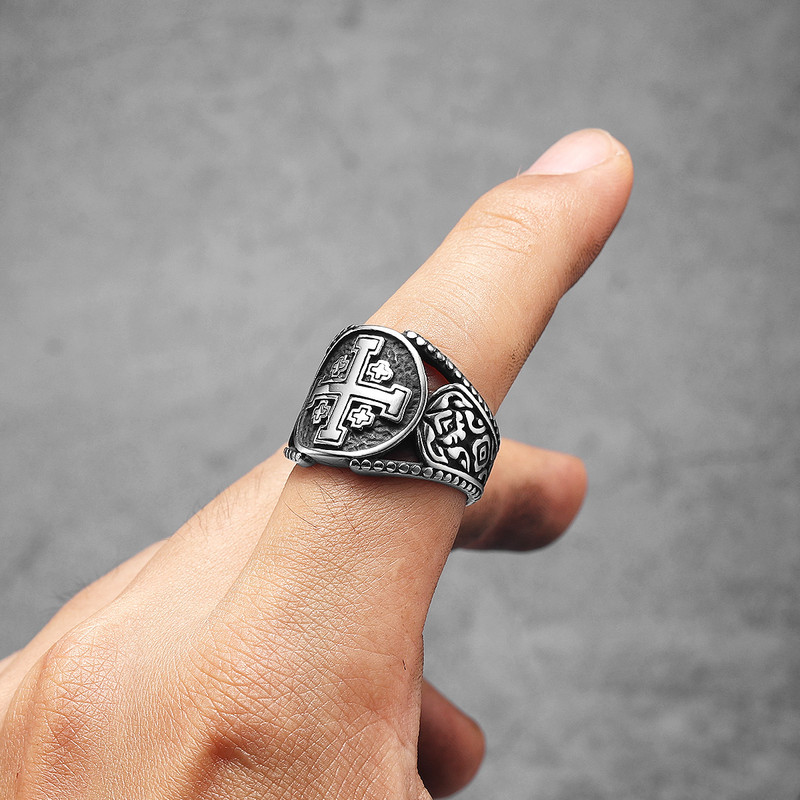 Jerusalem Crusader Cross Men Rings Stainless Steel Silver Jewelry