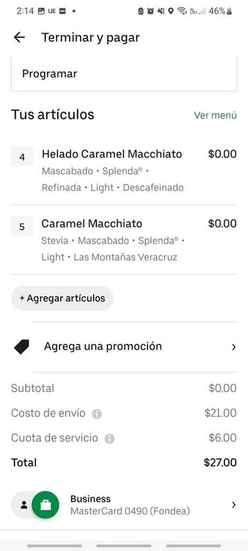 Uber Eats y Starbucks: Caramel Machiatto Bug 0 pesos (sucursales seleccionadas) 
