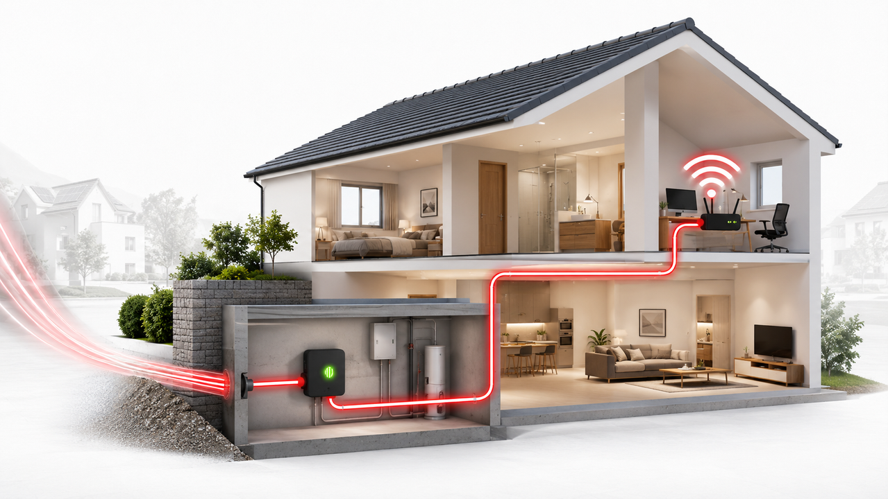 3D-Hausgrafik: Glasfaser vom Hausanschluss bis zum Routerstandort