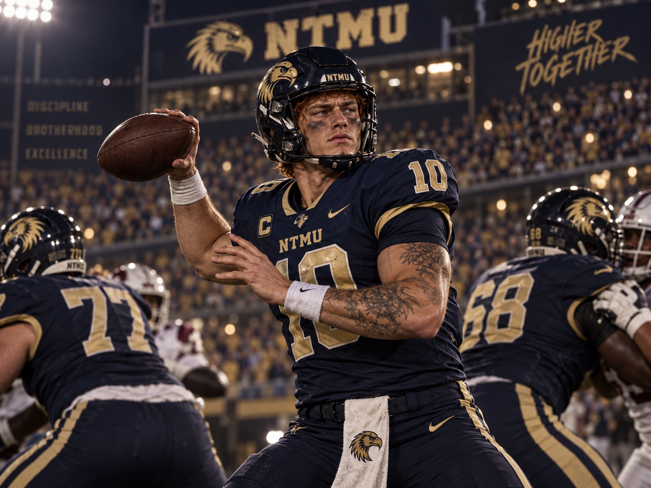 NTMU quarterback Mikhail preparing to throw a pass