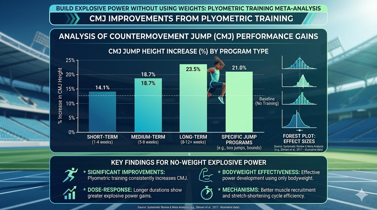 Chart showing CMJ improvements from plyometric training meta-analysis for how to build explosive power without using weights