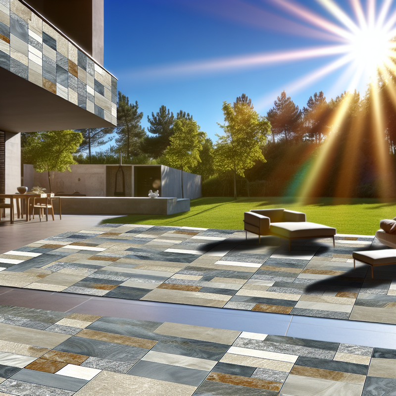 Двор с уложенной керамической плиткой в разных оттенках и текстурах, стильный внешний вид