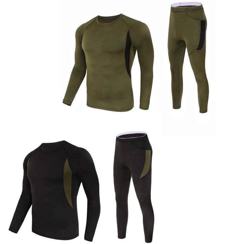 2-Pack M Size Men's Tactical 4-Way Stretch Fleece Lined Thermal Underwear Set(Black + Green) - Winter Sweat-Wicking & Breathable Sportswear for Training & Outdoors