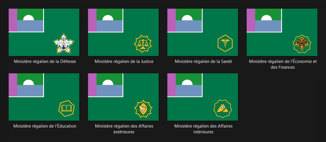 Les drapeaux des ministères régaliens annanos