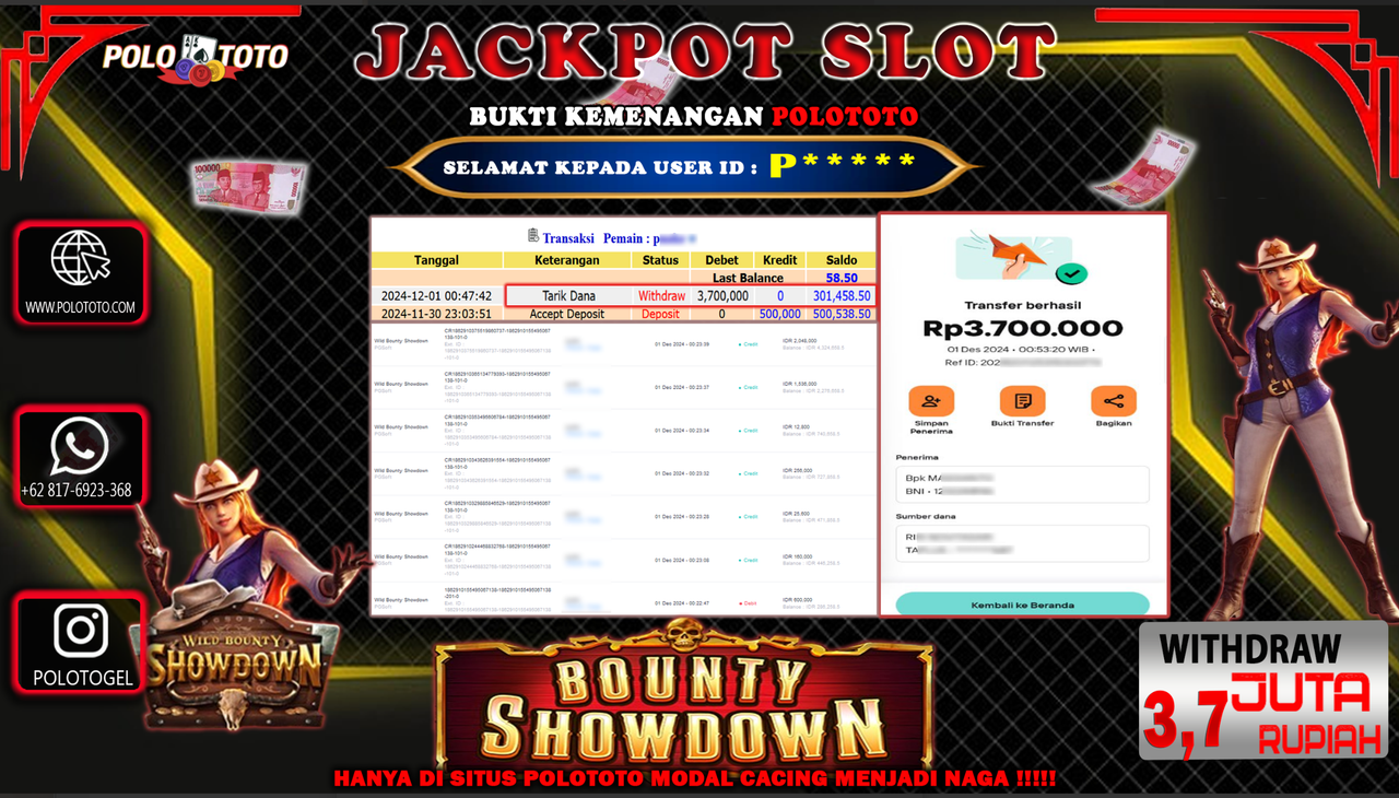 POLOTOTO JACKPOT SLOT WILD BOUNTY SHOWDOWN Rp.3,700.000,-