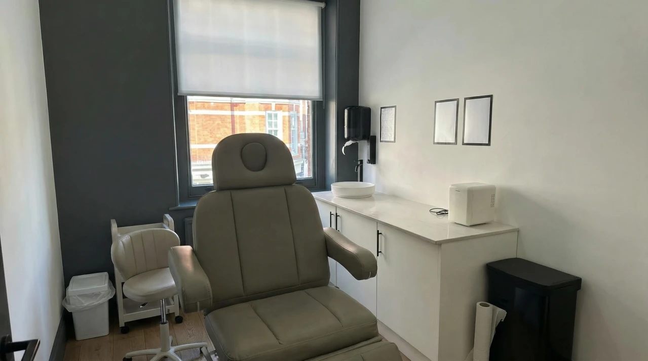procedure room at Angelica’s Clinic with beige treatment chair.