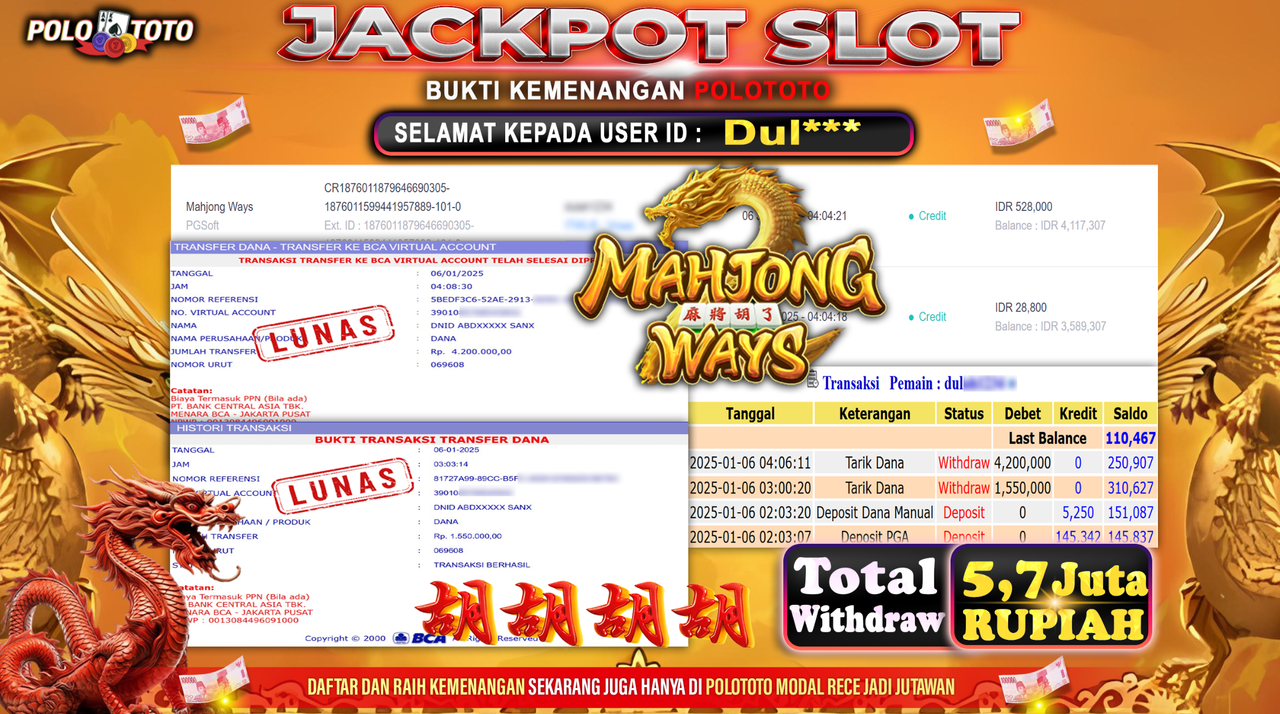 POLOTOTO JACKPOT SLOT MAHJONG WAYS Rp.5,750.000,-