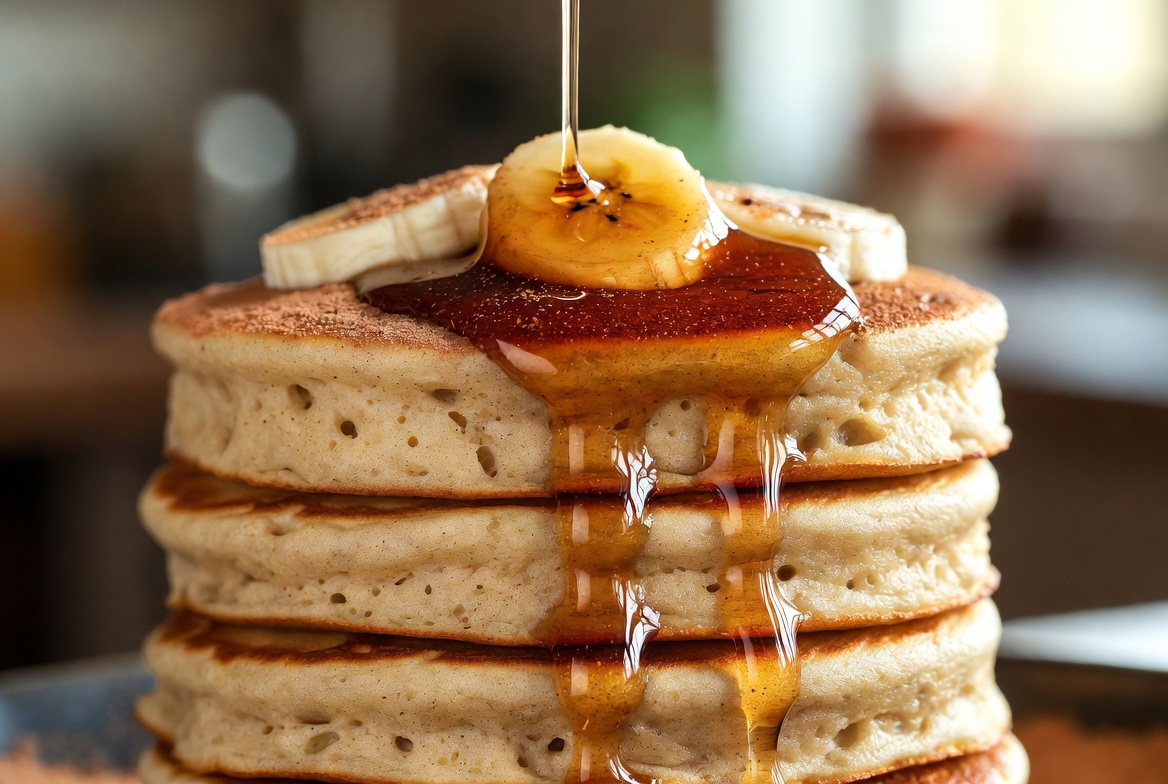 Tall stack of golden banana pancakes without eggs drizzled with maple syrup and topped with banana slices