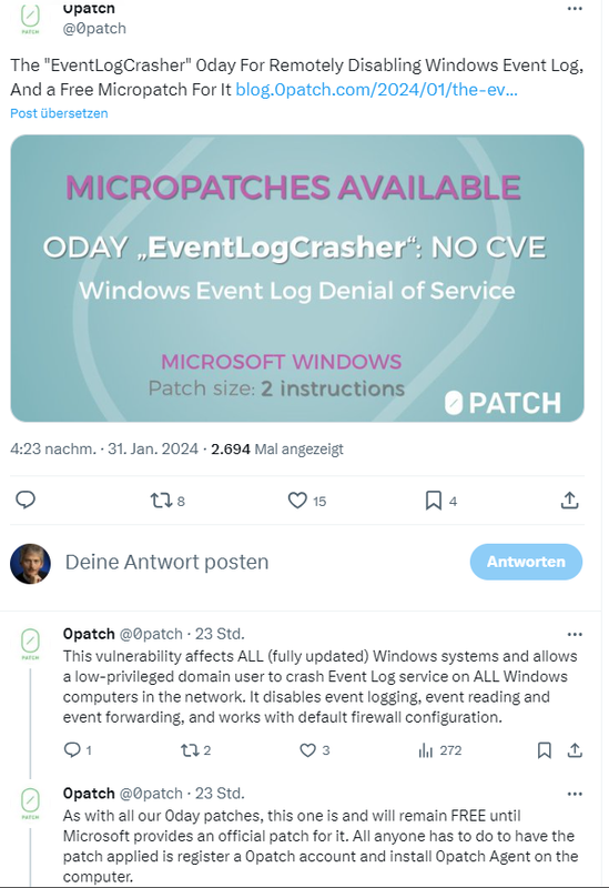 "EventLogCrasher" 0patch Micro Patch