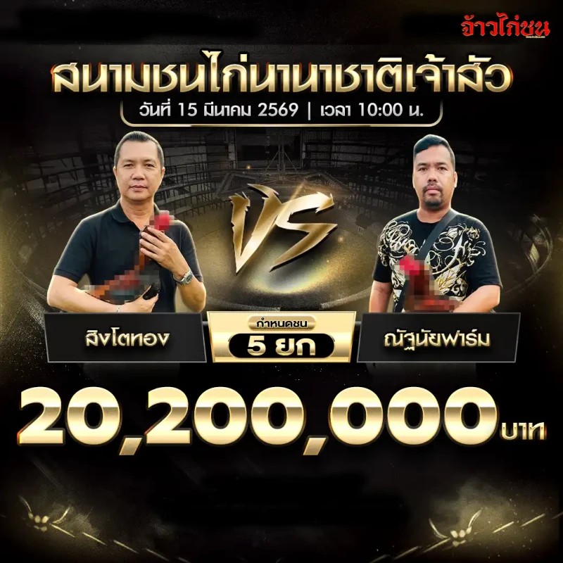 โปรแกรมไก่ชน คู่ ไม่ระบุชื่อฝั่งน้ำเงิน พบ ณัฐนัยฟาร์ม สนามชนไก่นานาชาติเจ้าสัว 15 มีนาคม 2569