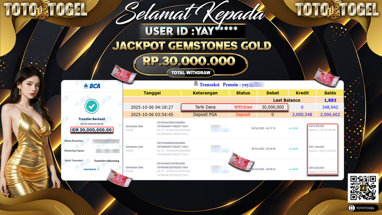 Bukti Pembayaran Jackpot Permainan Slot Gemstones Gold ID:YAY*** LUNAS